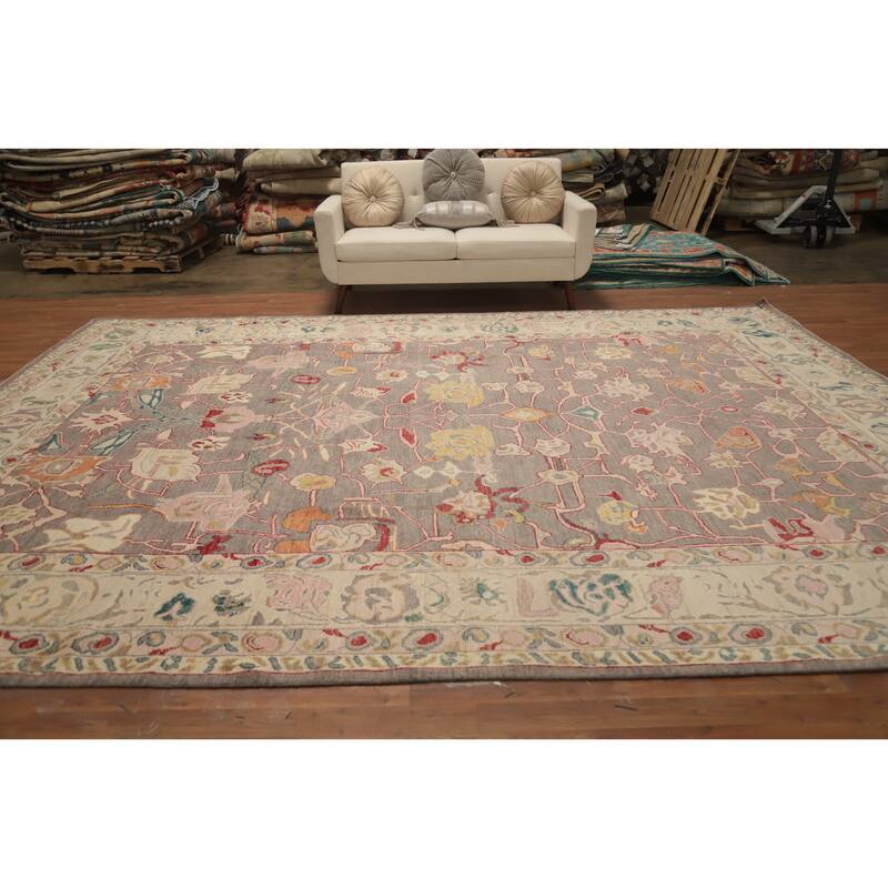 Hand Knotted Oriental 100% Wool Carpet Transitional All-Over Greys & Charcoal Oushak Area Rug - 13' 9'' X 10' 1''