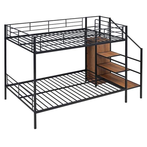 slide 2 of 11, Full Over Full Black Metal Bunk Bed w/ Lateral Storage Ladder & Wardrobe