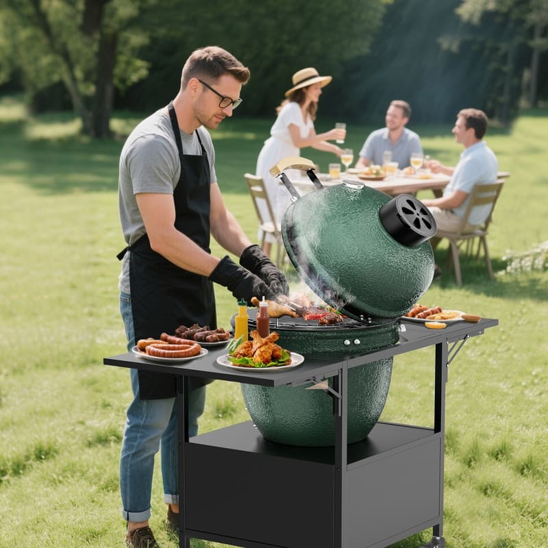 Outdoor Grill Table for Big Green Egg Style BBQ, Metal Grill Cart with 2 Folding Panels - 59.3"L