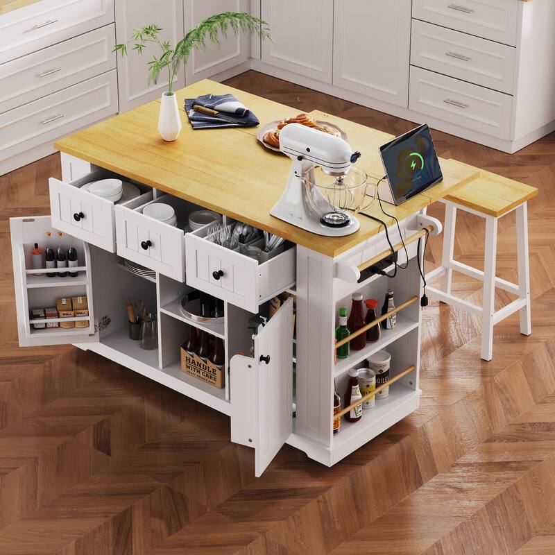 Large Kitchen Island with 2 Bar Stools, Power Outlet, Kitchen Storage Cart with Drop Leaf, 5 Open Side Racks, 3 Drawers