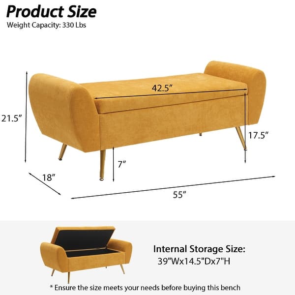 dimension image slide 5 of 20, Upholstered 55"W Flip Top Storage Bench Bedroom Bench Modern End of Bed Bench for Entryway Hallway Window with Gold Legs