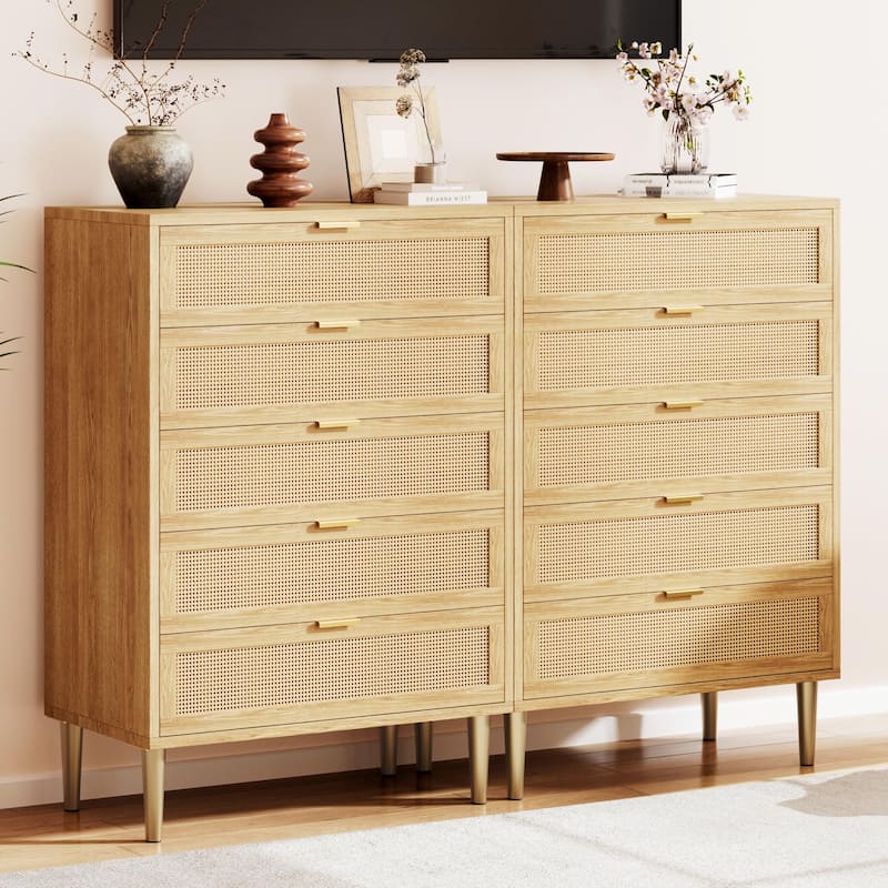 5 Drawer Rattan Dresser, Wooden Chest of Drawers with Rattan Accents & Metal Legs