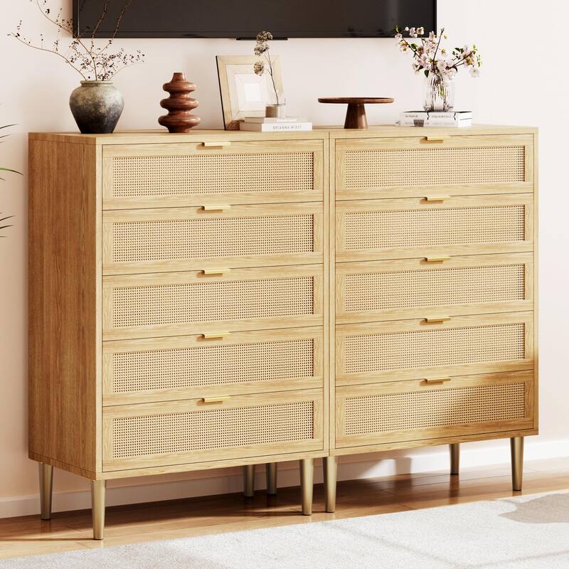 Rattan 5 Drawer Dresser, 44'' Tall Narrow Chest, Farmhouse Vertical Dresser with Metal Legs and Handles