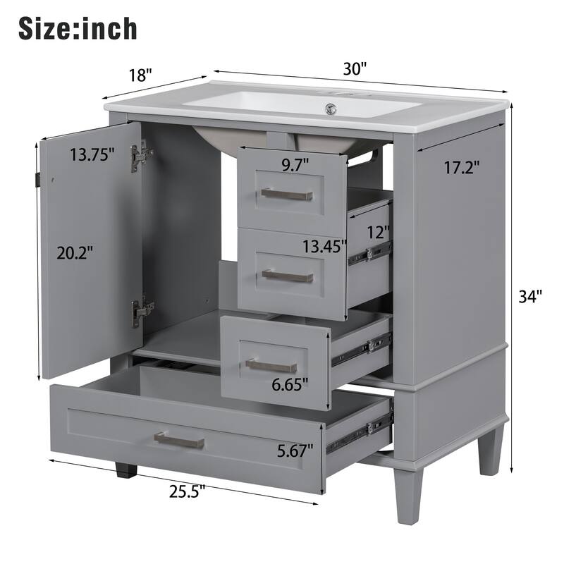 Single Sink Bathroom Vanity Cabinet, Vanity Base & Ceramic Sink Combo Set, 3 Drawers Bathroom Storage Cabinet, 30 Inch