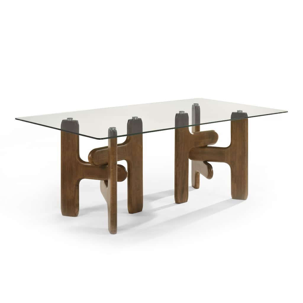 Velshi Modern Glass & Walnut Rectangular Dining Table