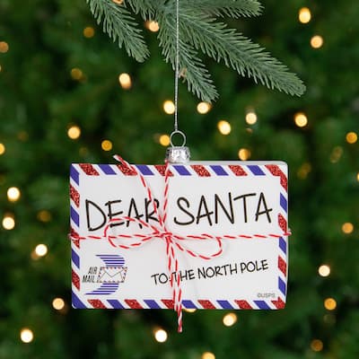 3.5" White Envelope "USPS Dear Santa" Stripes Glass Christmas Ornament