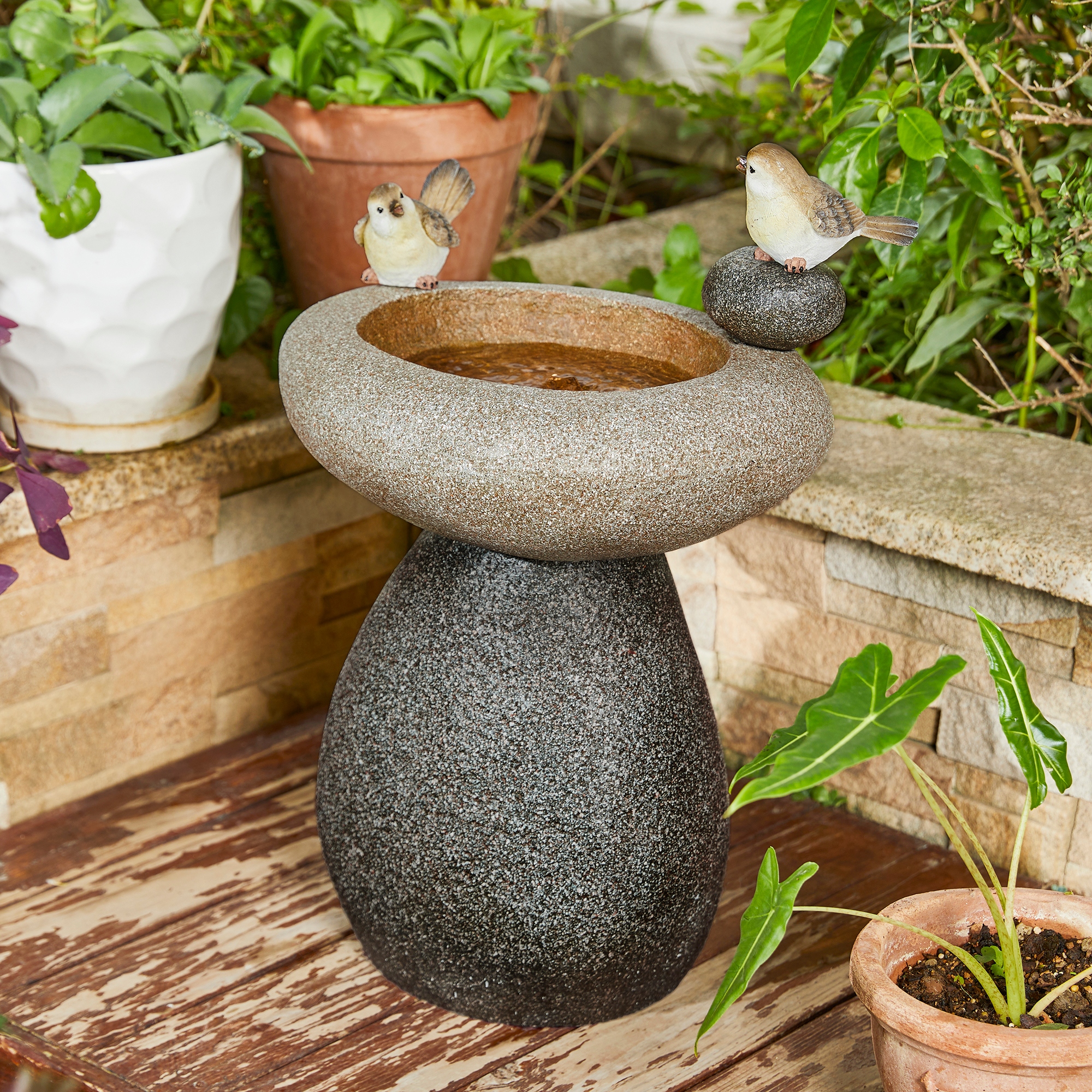 Glitzhome 21 H Zen Style Faux Stone Birdbath Outdoor Fountain with Birds LED Light Bed Bath Beyond 39476735