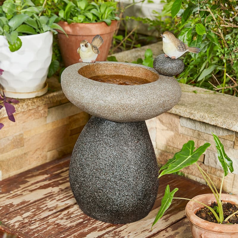 Glitzhome 24-inch Outdoor 2-tier Faux Pebbles Polyresin Birdbath Fountain with Pump - Grey