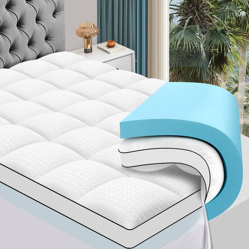 2 inch Gel Memory Foam and 2 inch Cooling Pillow Top Mattress Pad Cover - WHITE - Queen