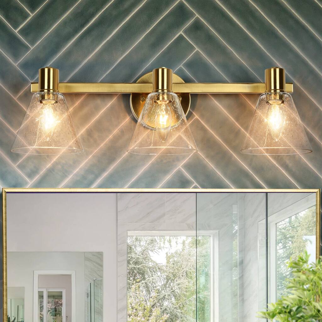 Veyra Modern Gold 3-Light Bathroom Vanity Light Cone Seeded Glass Wall Sconce - Electroplated Gold - W21.5"xD6.5"xH7"
