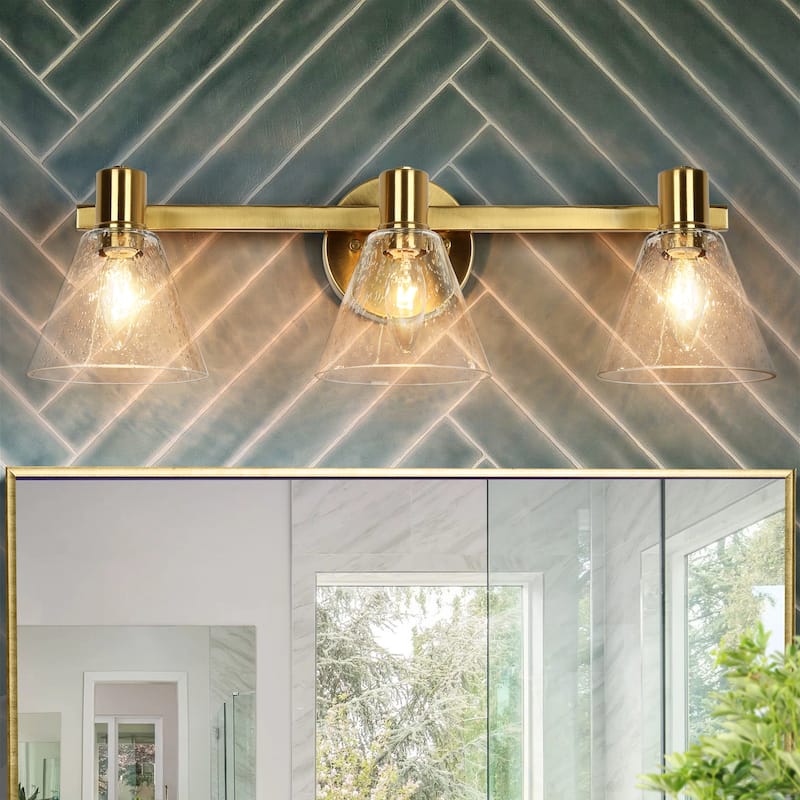 Veyra Modern Gold 3-Light Bathroom Vanity Light Cone Seeded Glass Wall Sconce - Electroplated Gold - W21.5"xD6.5"xH7"