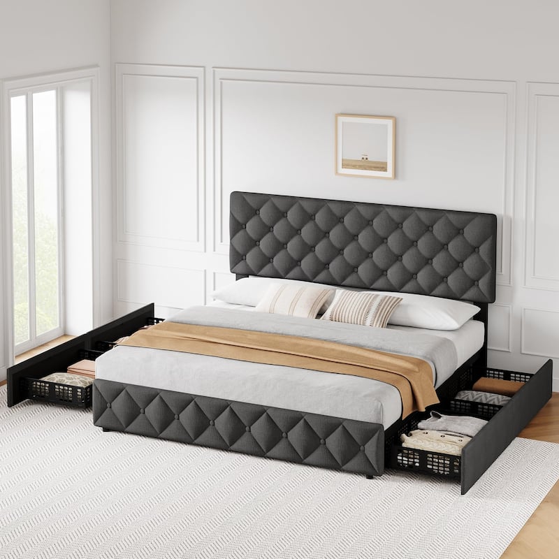 Full Size Bed Frame with 4 Storage Drawers and Headboard, Linen Upholstered Platform Bed Frame