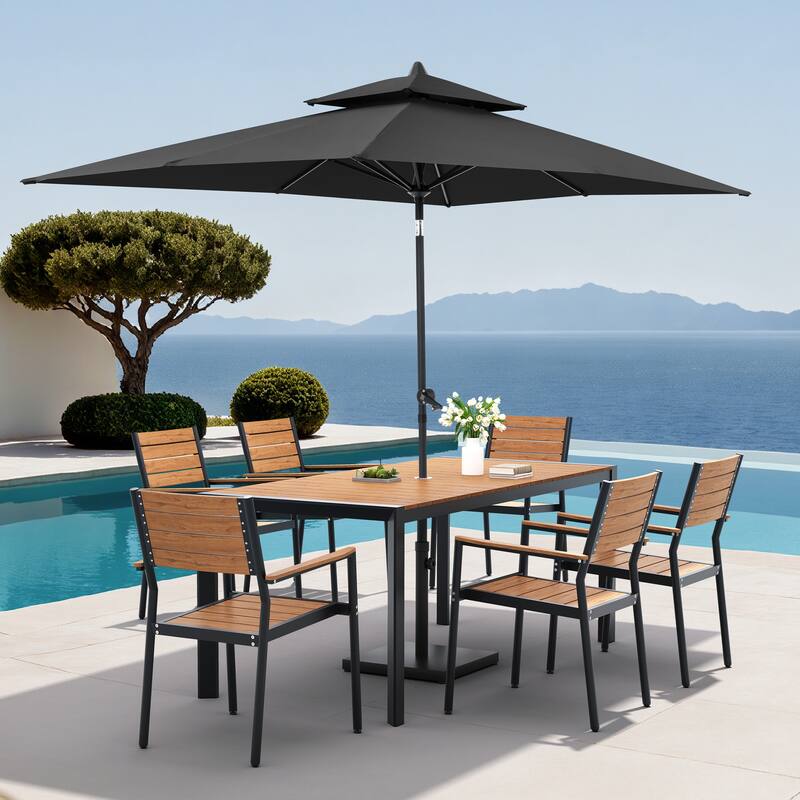 9-Piece Outdoor Patio Dining Set Wood Like Aluminum Umbrella Hole Table with Stackable Armchairs, Market Umbrella and Base - BrownTable&BrownChairs&BlackUmbrella