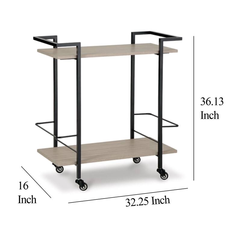 Serving Bar Cart, 32 Inch Black Metal, 2 Shelf, Bottle Holders