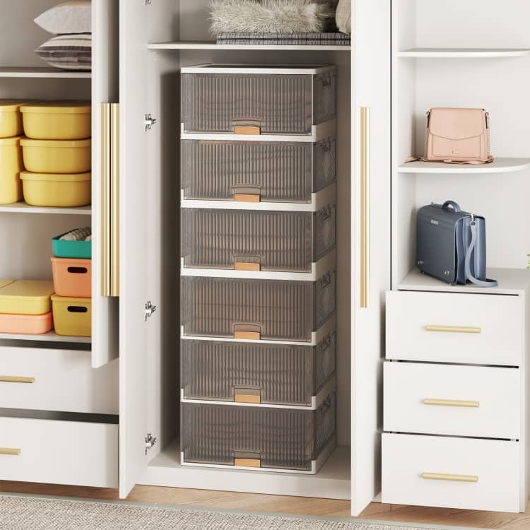 White-Brown PP and ABS Stackable Storage Bin with Wheels, Foldable Cubes