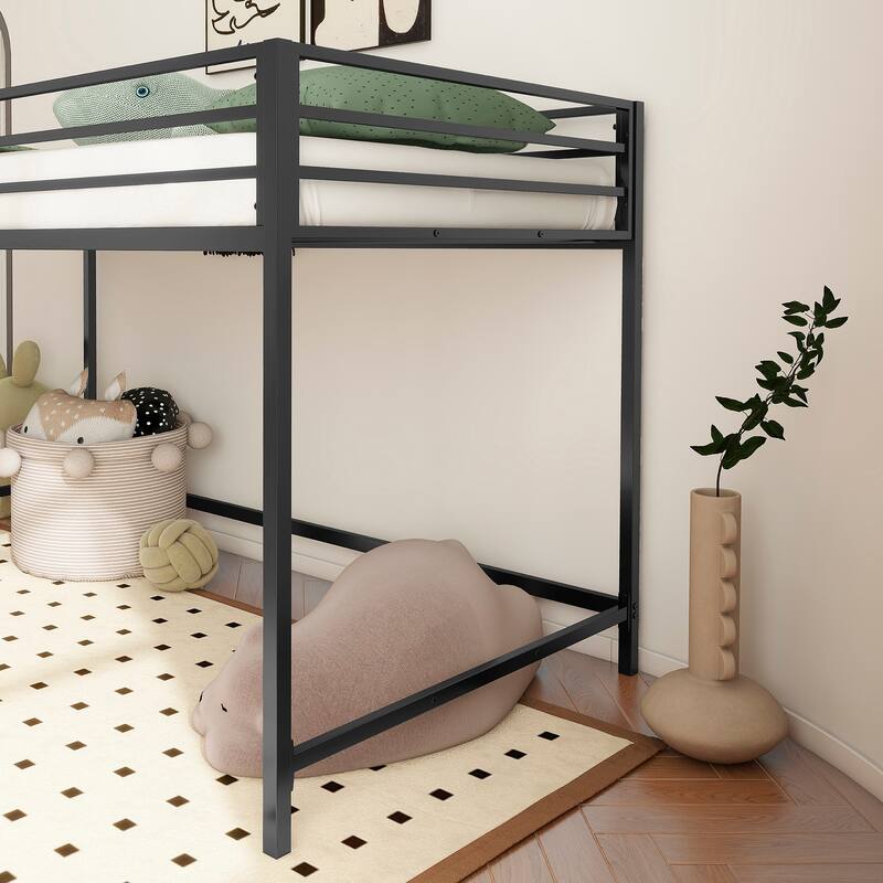Space-Saving Junior Twin Loft Bed with Ladder & Guardrails for Kids - Black Metal Frame, No Box Spring Needed