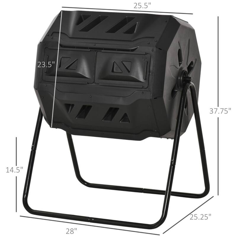 Black Dual-Chamber Compost Tumbler 42 Gallon 360 Degree Rotating Kitchen and Garden Waste Bin with Gloves