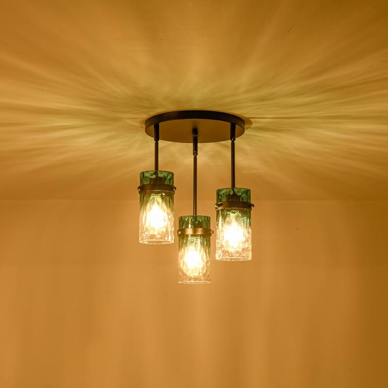 1/3-Light Coastal Matte Black Adjustable Pendant Light with Gradient Blue Hammered Cylinder Glass for Kitchen Island