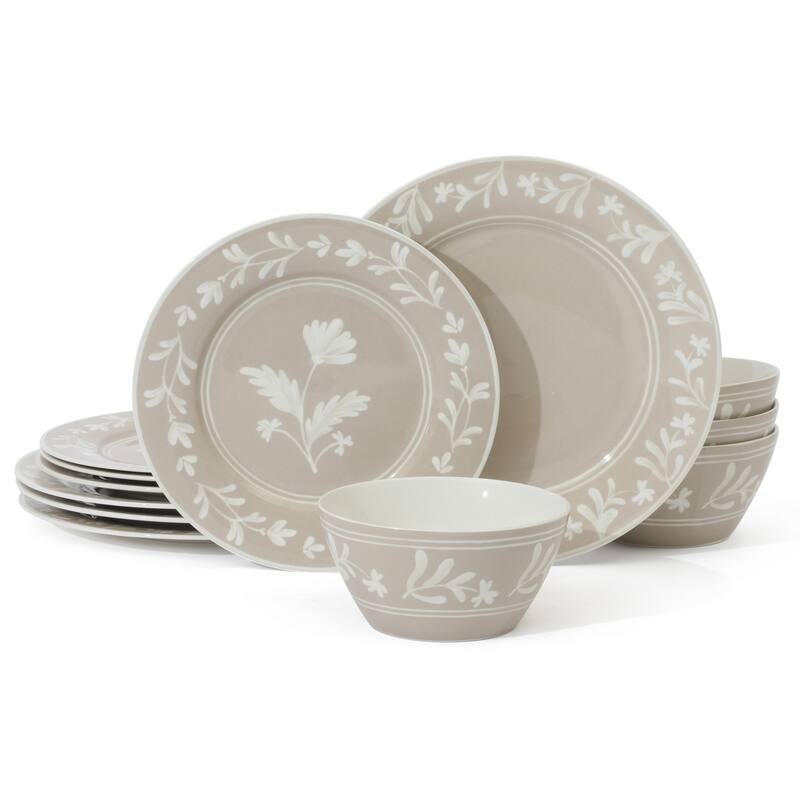 Martha Stewart Maiden Crown 12-Piece Dinnerware Set - Vegan Bone China Ceramic Plates & Bowls - Floral Design - Service for 4 - Taupe