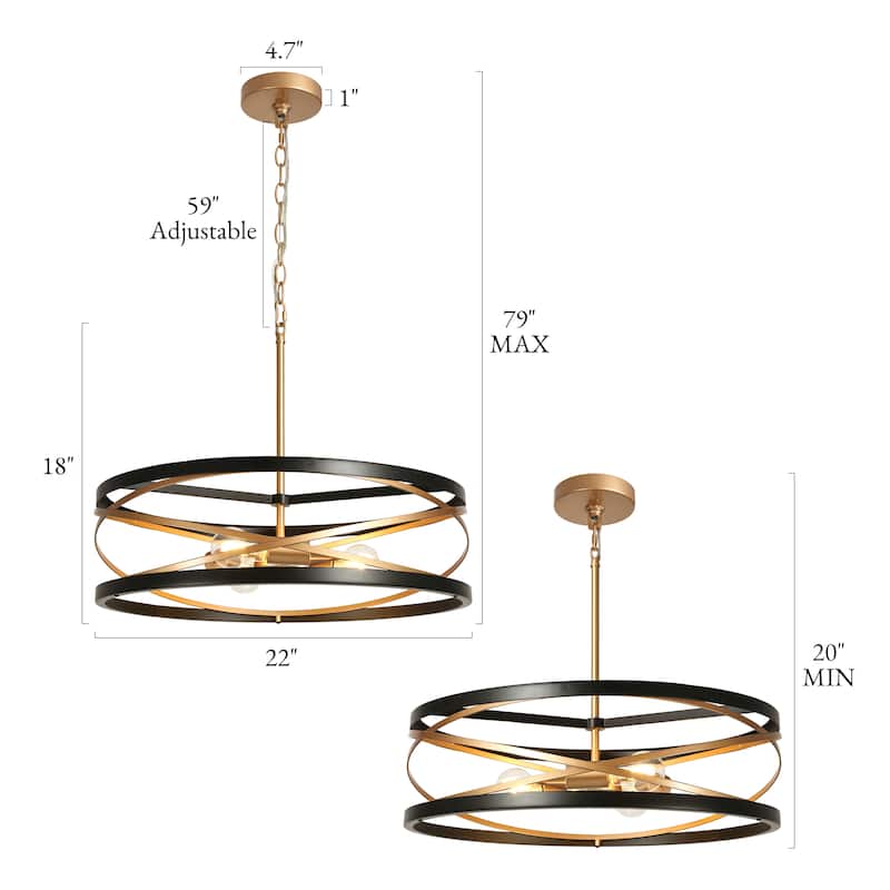 Dsmll Modern Farmhouse 3-Light Drum Chandelier Black Gold Kitchen Island Lights - D 22" x H 79" Max