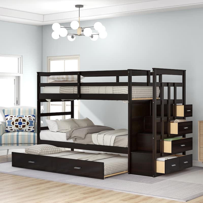 Merax Wood Twin Over Twin Bunk Bed with Trundle and Staircase - Espresso