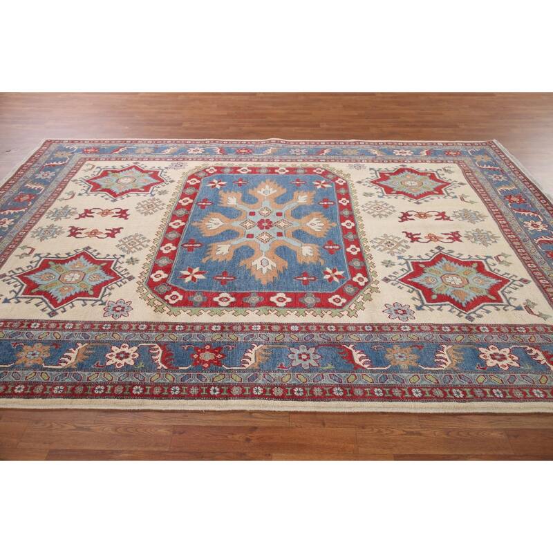 Hand Knotted Oriental 100% Wool Carpet Traditional Geometric Beige & Ivories Kazak Area Rug - 9' 11'' X 6' 8''