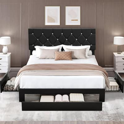 Javlergo Twin/Full/Queen Size Bed Frame with Headboard Upholstered Tufted LED Platform Bed Frame with 4 Storage Drawers