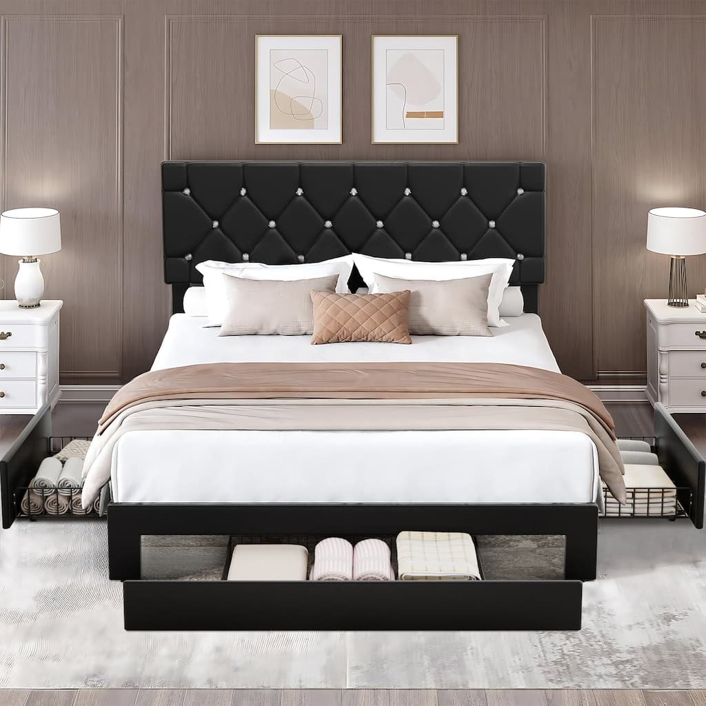 Javlergo Twin/Full/Queen Size Bed Frame with Headboard Upholstered Tufted LED Platform Bed Frame with 4 Storage Drawers
