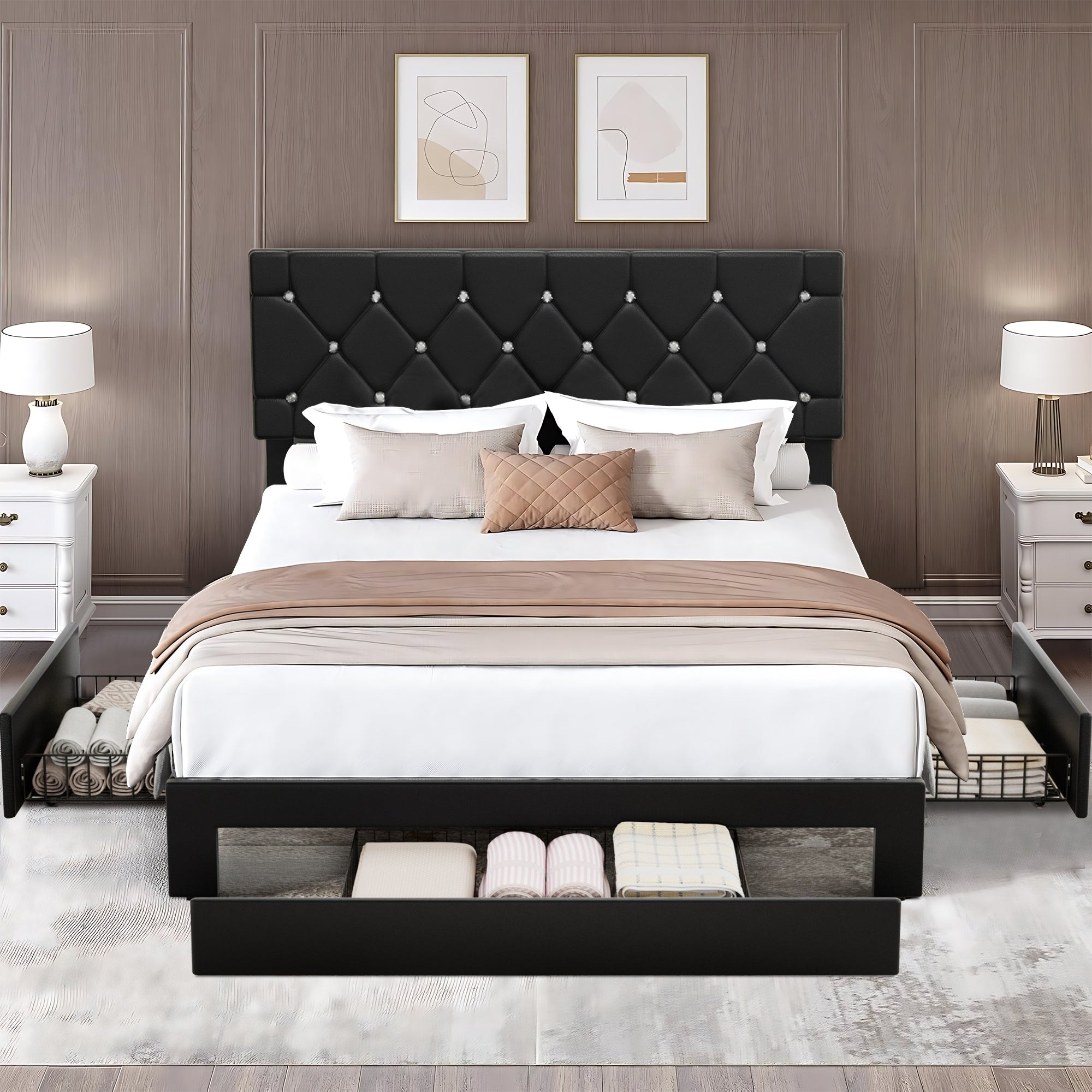 Javlergo Twin/Full/Queen Size Bed Frame with Headboard Upholstered Tufted PU Leather Platform Bed Frame with 4 Storage Drawers