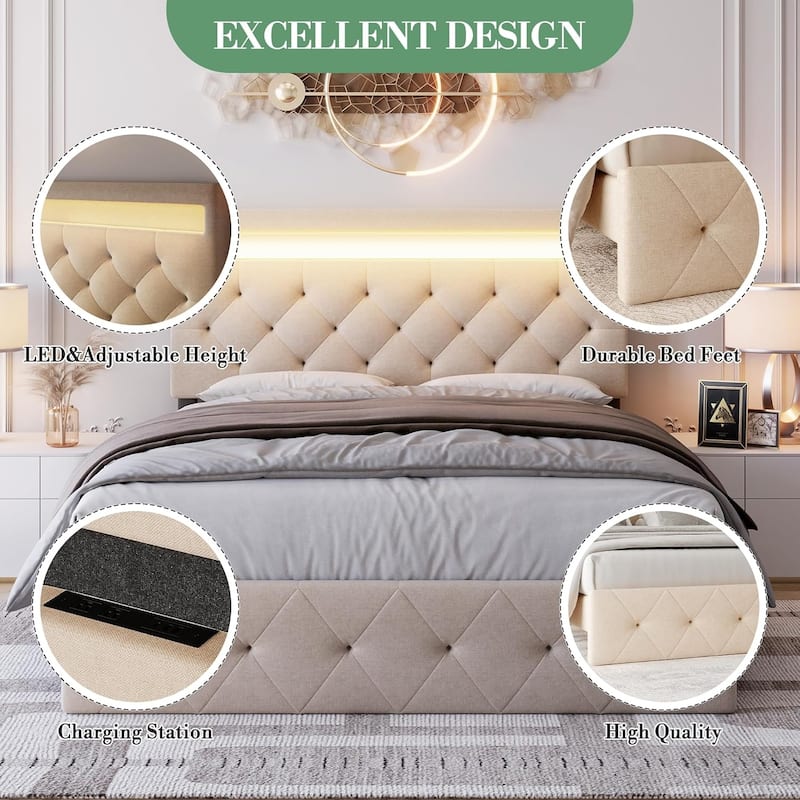 Upholstered Bed Frame with Storage Headboard, LED Lights, Charging Station & Wood Slats, Easy Assembly