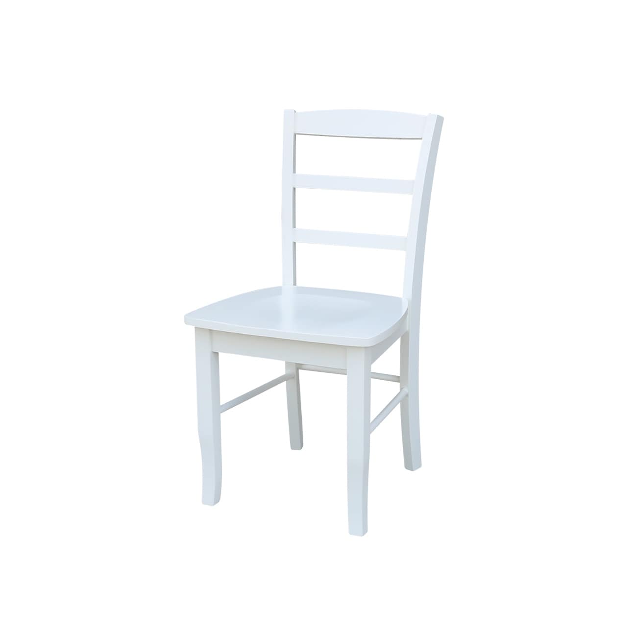 A white wooden chair with a smooth curved seat and a backrest with three horizontal slats