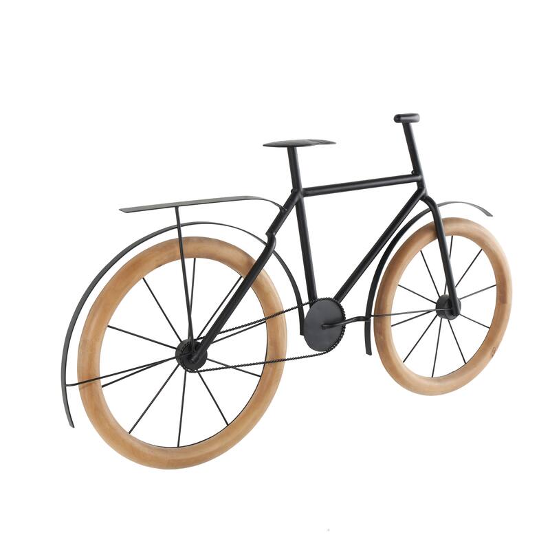 Black Metal Bike Home Wall Decor with Brown Wooden Wheels
