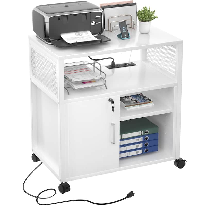Rolling File Cabinet Lateral Office Filing Cabinets with Charging Station,Modern Printer Stand on Wheels