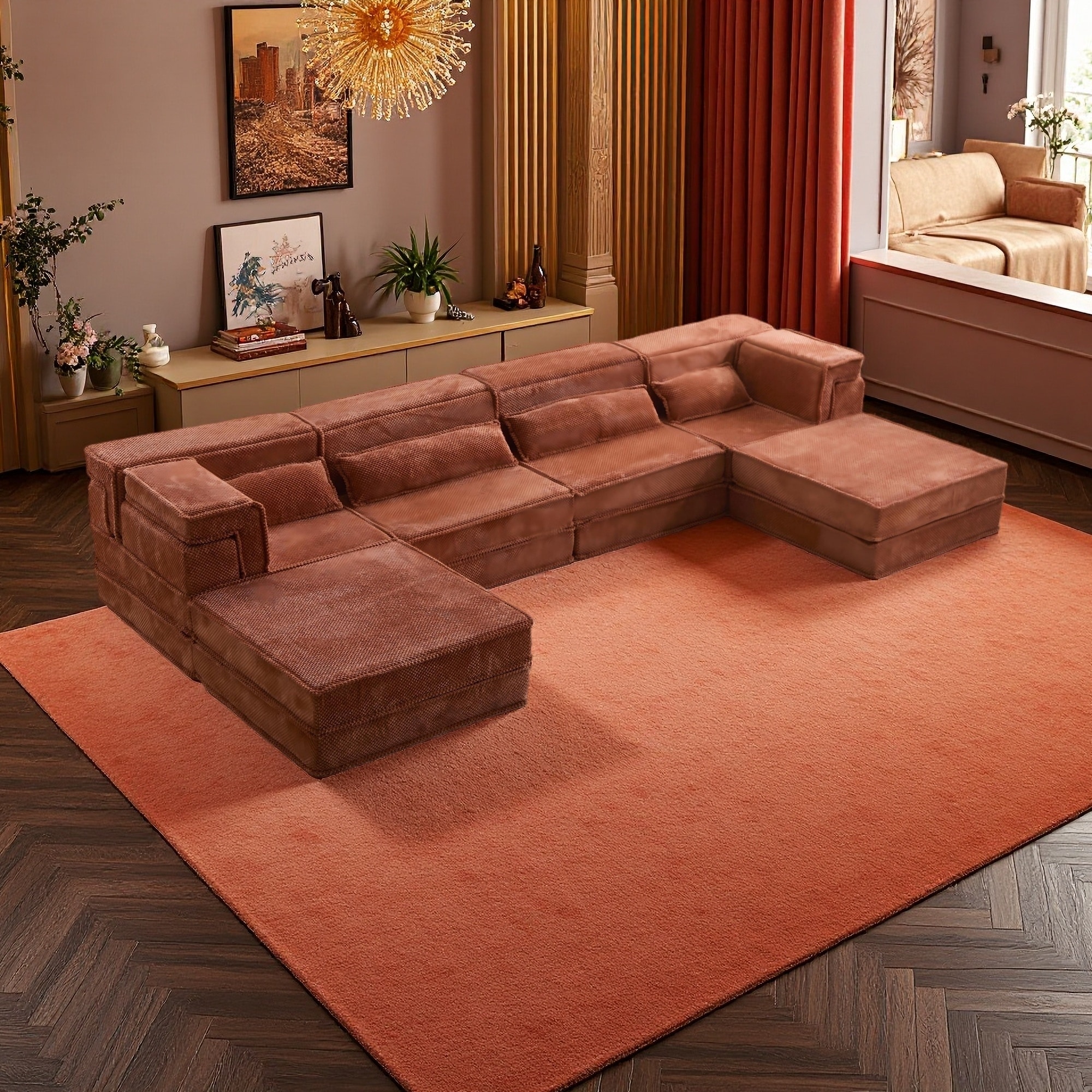 157.5" Fleece Fabric Boneless Modular Sectional Sofa with 2 Ottomans