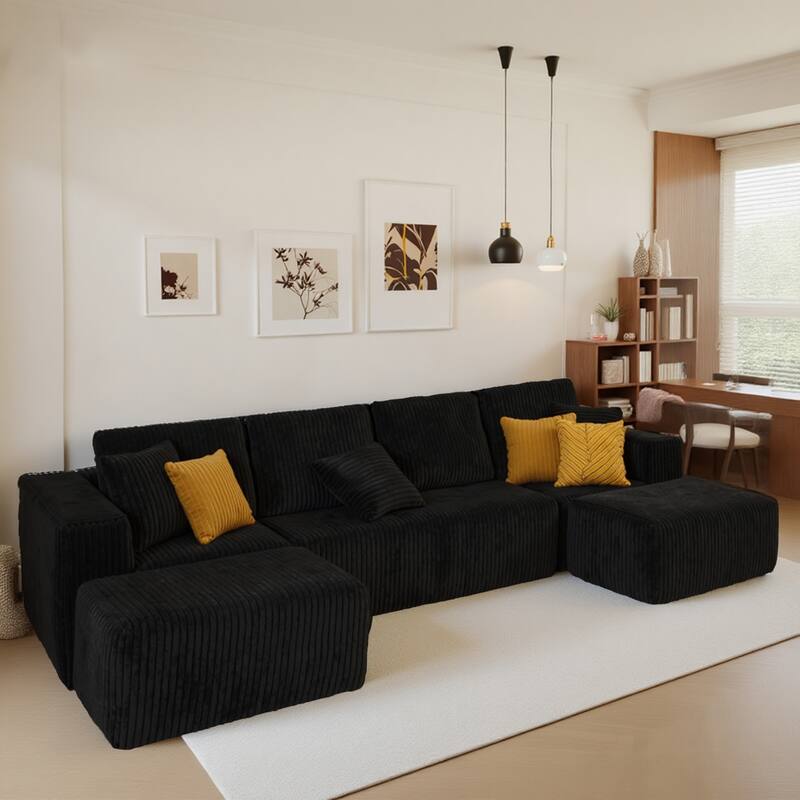 Modular U-shaped Chaise Sectional Sofa Striped Corduroy Compressed Couch with Ottomans and Pillows, Freely Configurable Layout