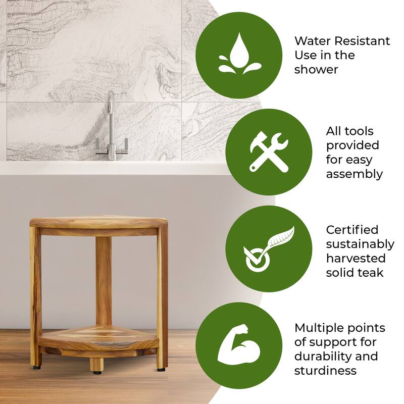 EcoDecors Snazzy Corner Natural Teak Wood 2-tier shower & Bathroom shaving shelf 18-inch Height 12-Radius