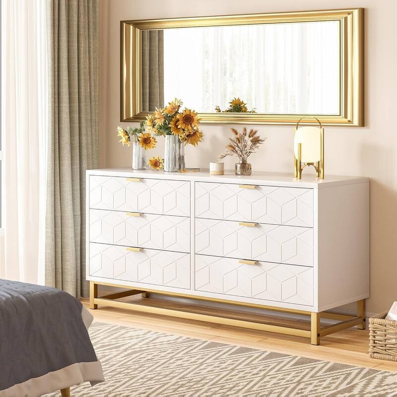 6 Drawer Dresser for Bedroom with Gold Metal Handles for Hallway, Entryway - White