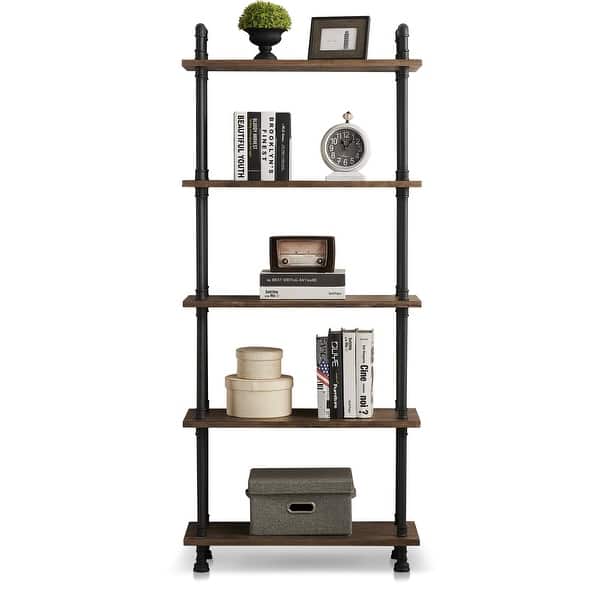 slide 2 of 38, Mcombo Industrial Bookshelf Wood & Metal Bookcase, Rustic Plant Shelf 3/4/5-Shelf Storage Rack Vintage Kitchen Shelves 5-Tier - Black/Brown