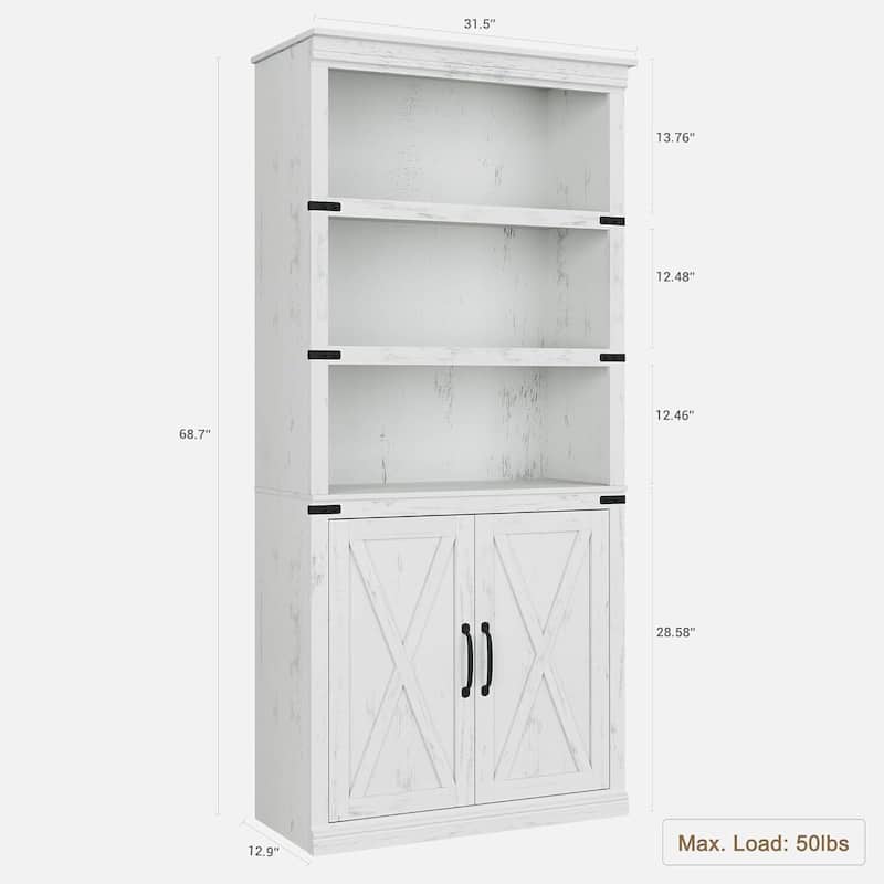 5 Tier Vintage Bookshelf Tall Farmhouse Bookcase with Doors - N/A