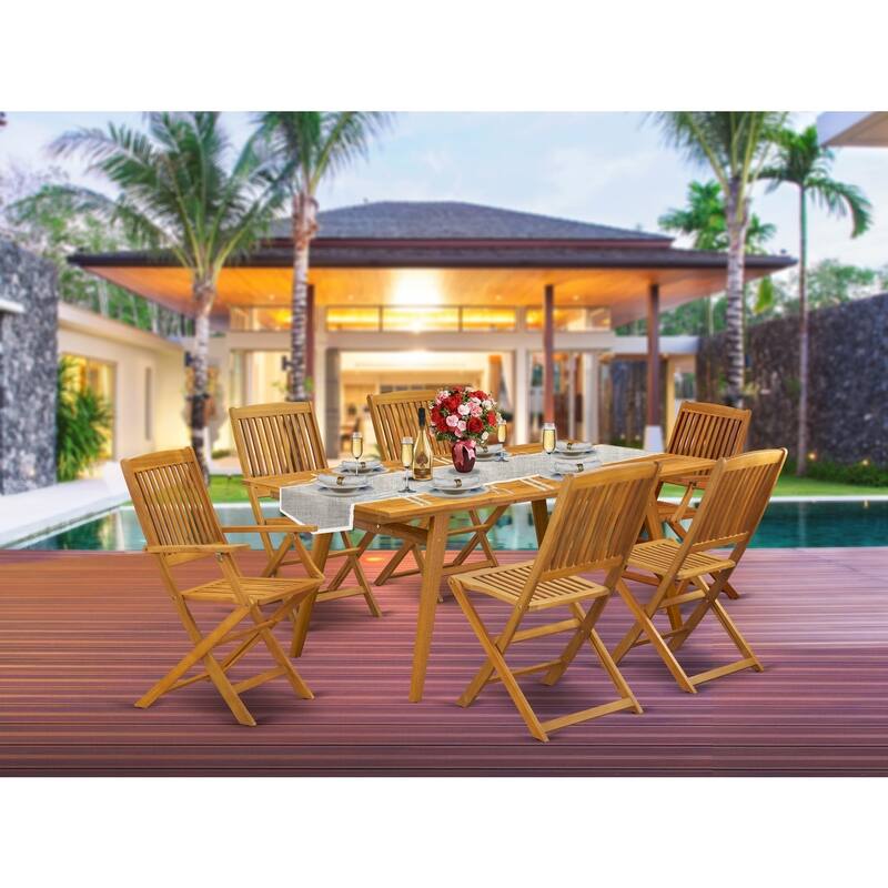 7-Piece Patio Set - Outdoor Coffee Table with 6 Chairs - Small Bistro Table Set - Natural Wood Finish - 72