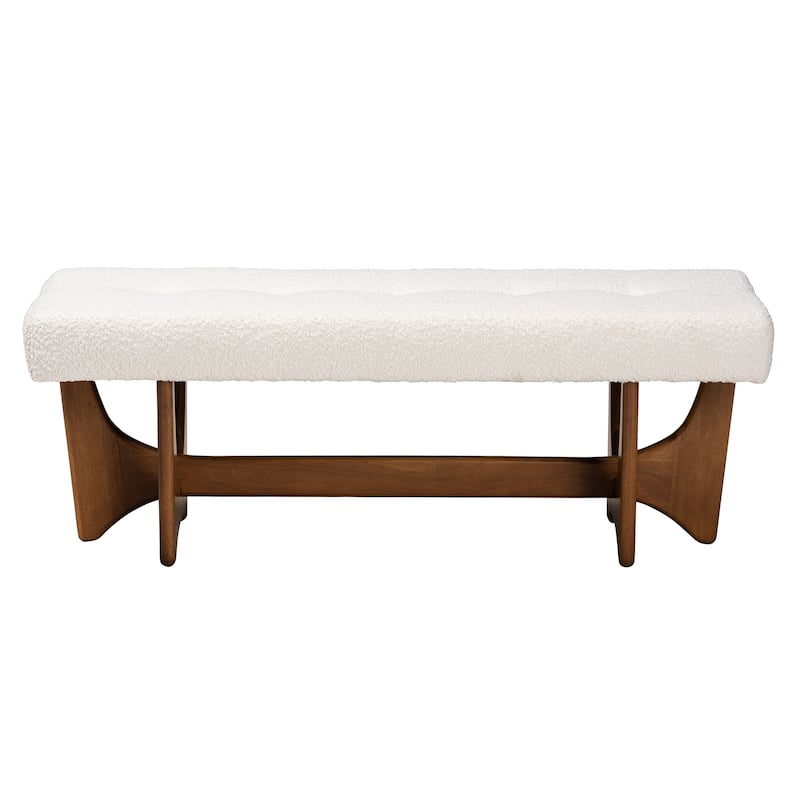 Theo Japandi Cream Boucle Fabric and Walnut Brown Finished Wood Bench