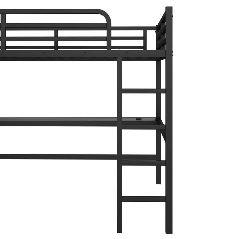 Queen Size Metal Loft Bed with Desk, USB, LED Light, Power Outlet, Space-Saving, Noise Reduced, Black