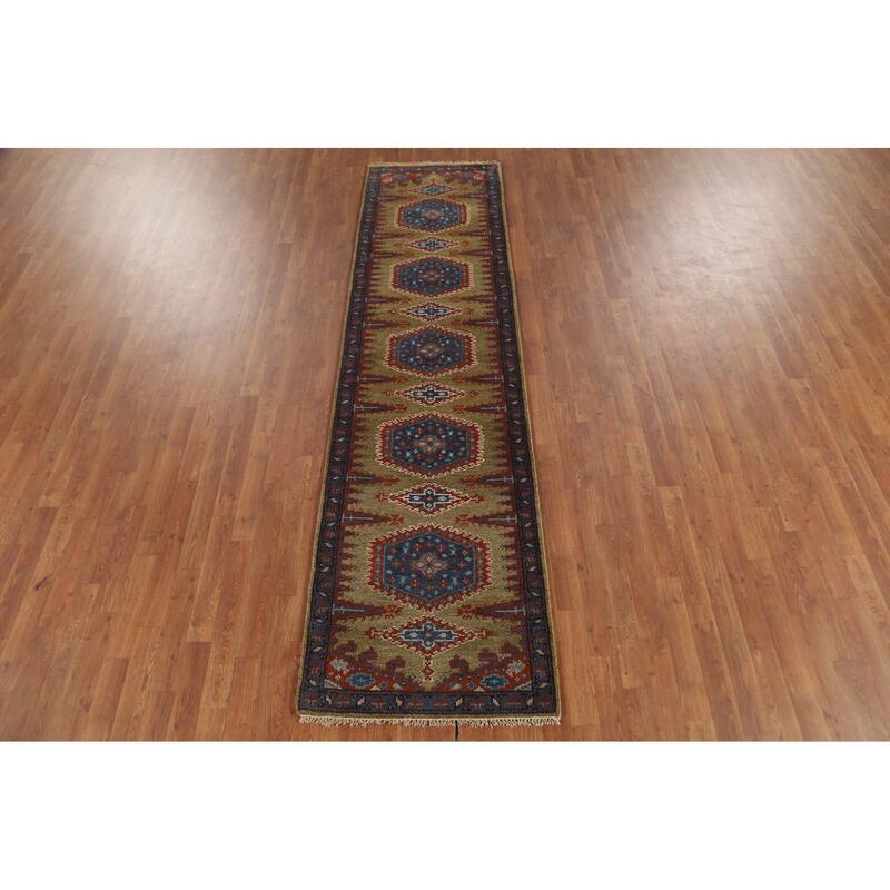 Green Geometric Viss Indian Runner Rug Hand-Knotted Wool Carpet - 2'6"x 9'7"