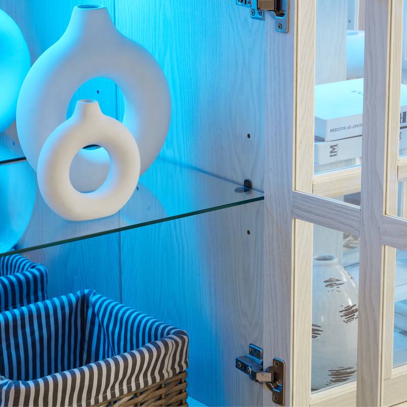 LED Antique Curio Display Cabinet with Glass Doors, Adjustable Shelves and Vintage 4-Door Design