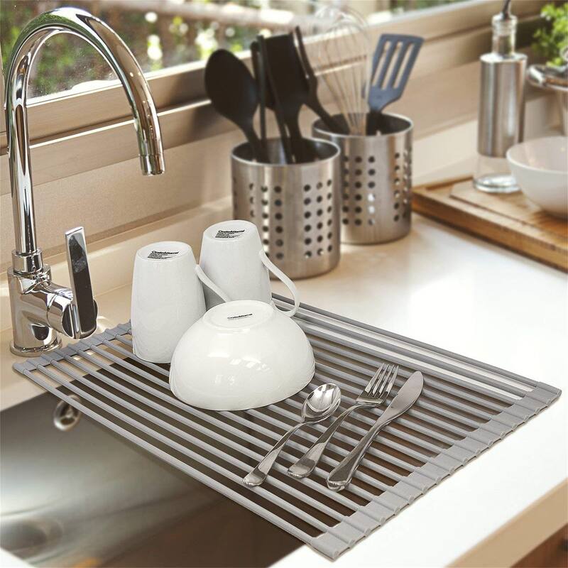 Over the Sink Dish Drying Rack, Foldable Gray Kitchen Drying Mat
