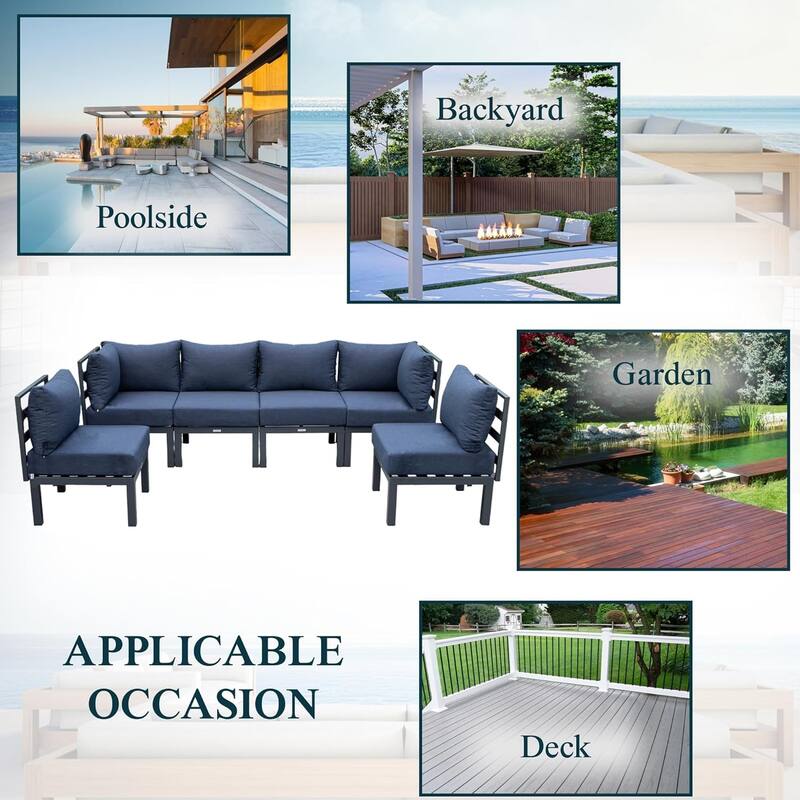 Chelsea 6-Piece Outdoor Patio Sectional Set in Black Aluminum with Removable Cushions for Backyard Garden and Patio Deck