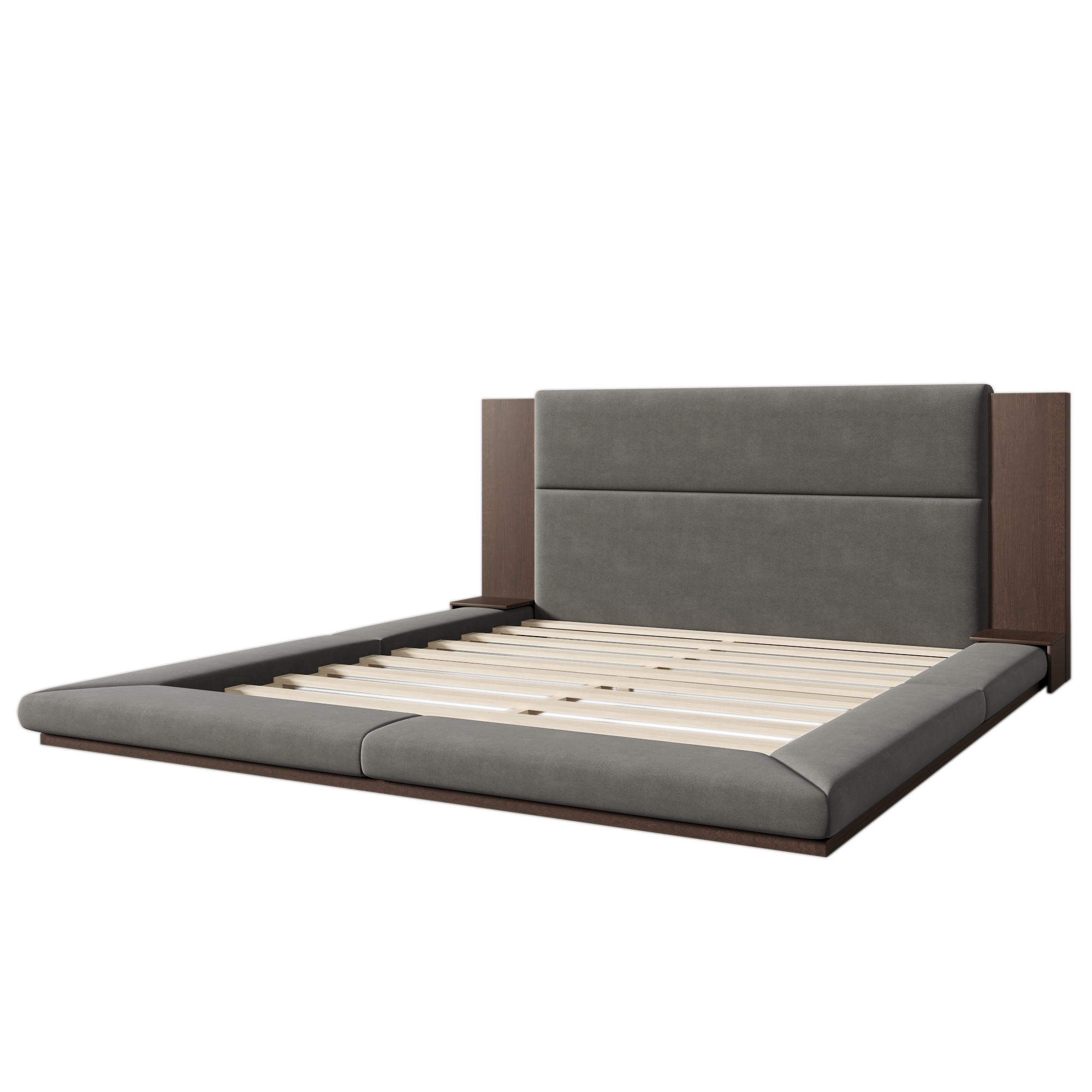 Floor Upholstered Platform Bed with Extended Wood Headboard & Bedside Shelf