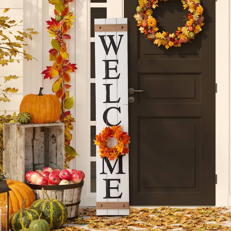 Glitzhome 60"H Wooden Welcome Porch Sign with 4 Floral Wreaths for Fall Halloween Thanksgiving Christmas Decoration
