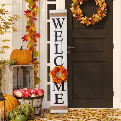 Glitzhome 60"H Wooden Welcome Porch Sign with 4 Changable Floral Wreaths