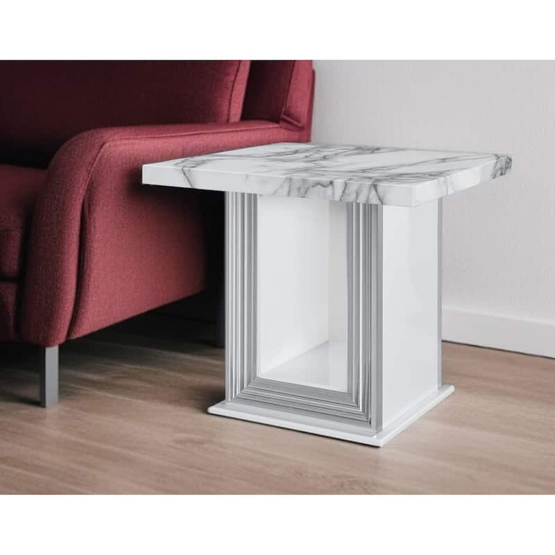 HomeRoots 24" White and Silver Faux Marble and Wood Pedestal End Table - 26' X '24.4' X '26 - White - Marble